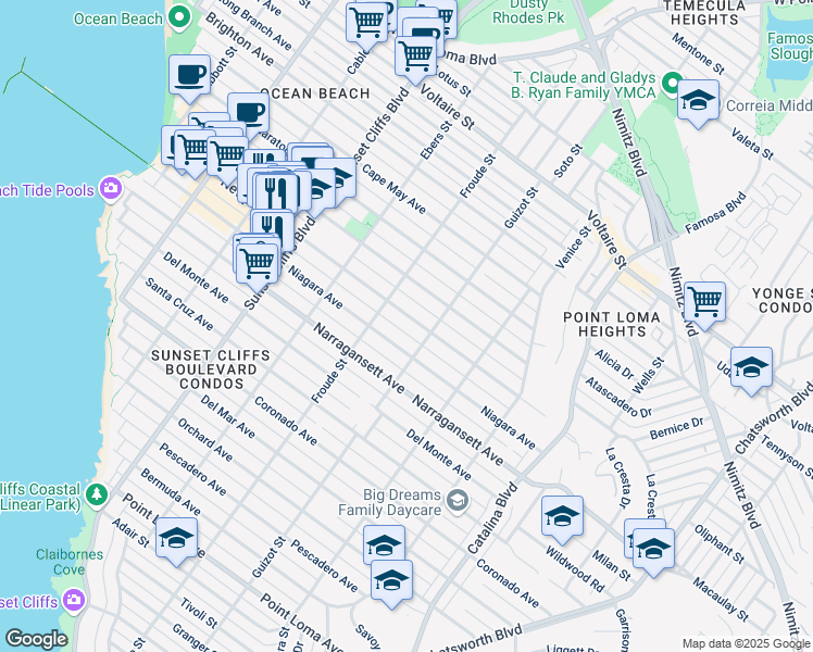 map of restaurants, bars, coffee shops, grocery stores, and more near 4545 Newport Avenue in San Diego
