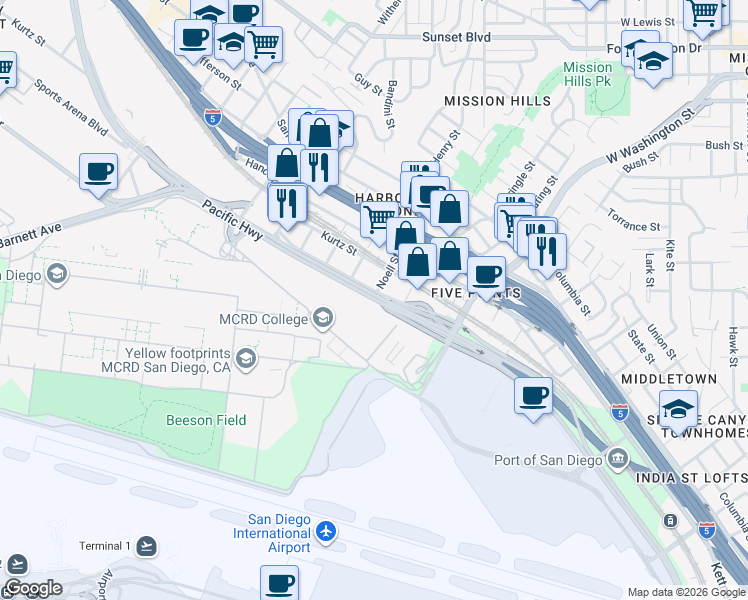 map of restaurants, bars, coffee shops, grocery stores, and more near Pacific Highway in San Diego