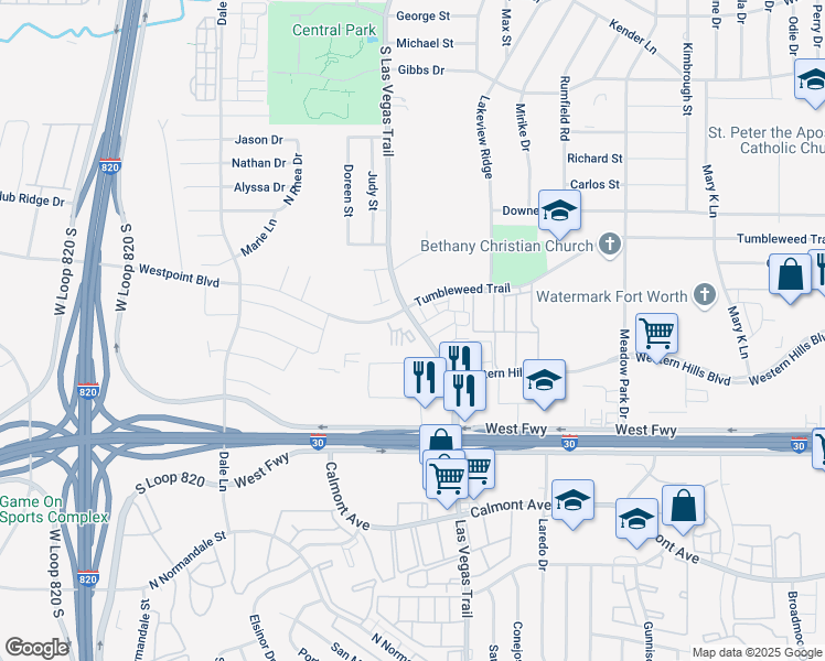 map of restaurants, bars, coffee shops, grocery stores, and more near 1714 South Las Vegas Trail in White Settlement