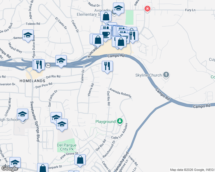 map of restaurants, bars, coffee shops, grocery stores, and more near 10772 Avenida Roberta in Spring Valley