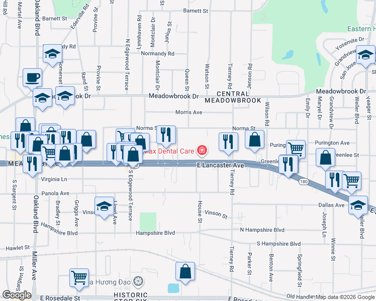map of restaurants, bars, coffee shops, grocery stores, and more near 2605 Roseland Street in Fort Worth