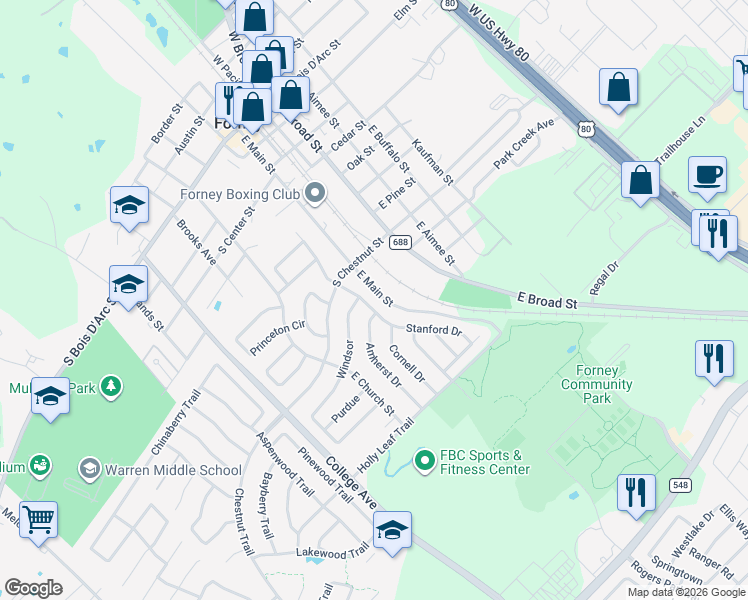 map of restaurants, bars, coffee shops, grocery stores, and more near 214 Stanford Street in Forney