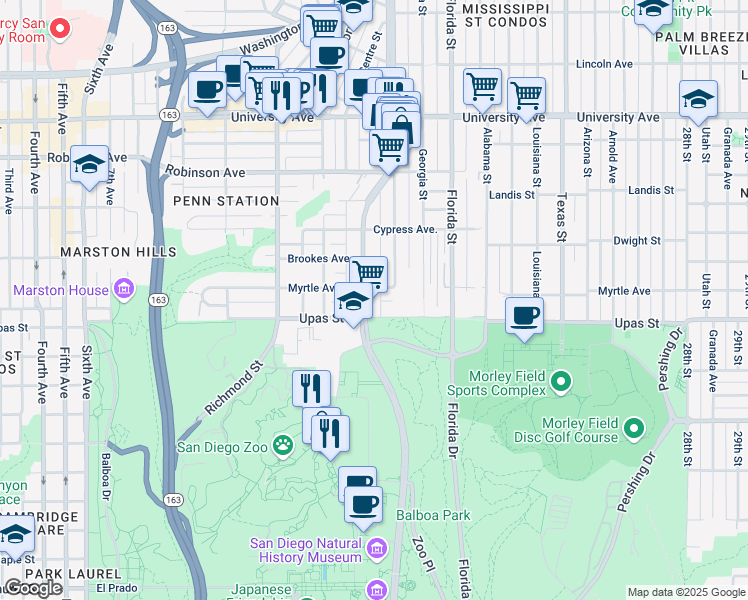 map of restaurants, bars, coffee shops, grocery stores, and more near 1717 Myrtle Avenue in San Diego