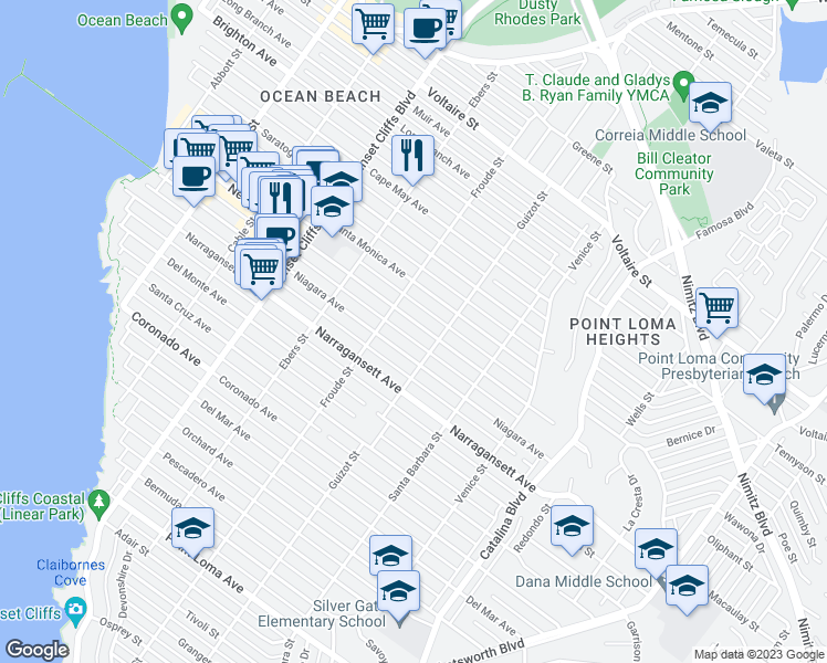 map of restaurants, bars, coffee shops, grocery stores, and more near 4545 Newport Avenue in San Diego