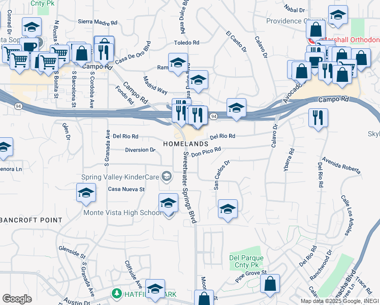 map of restaurants, bars, coffee shops, grocery stores, and more near 10226 Don Pico Road in Spring Valley