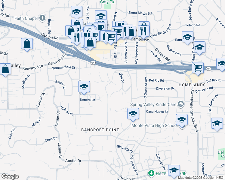 map of restaurants, bars, coffee shops, grocery stores, and more near 3408 Glen Drive in Spring Valley