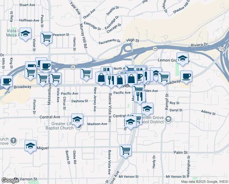 map of restaurants, bars, coffee shops, grocery stores, and more near 7663 Broadway in Lemon Grove