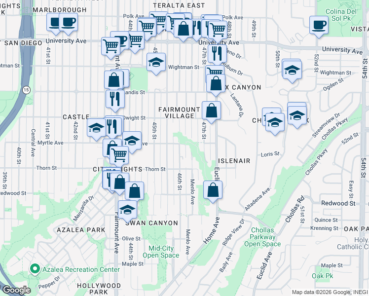 map of restaurants, bars, coffee shops, grocery stores, and more near 3436 Menlo Avenue in San Diego