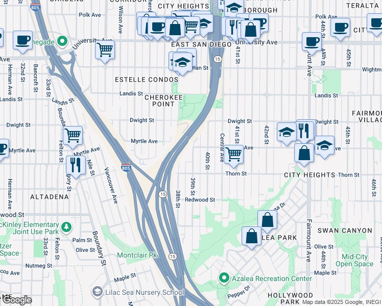 map of restaurants, bars, coffee shops, grocery stores, and more near 3450 39th Street in San Diego