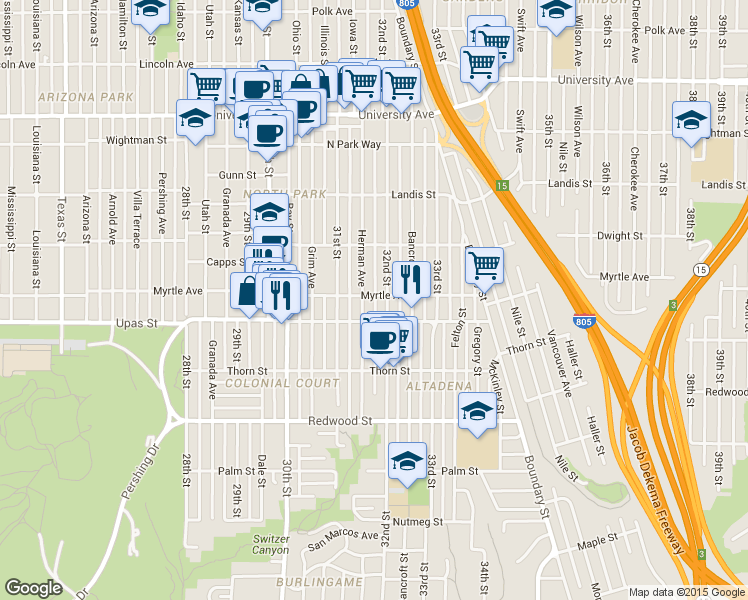 map of restaurants, bars, coffee shops, grocery stores, and more near 3150-3166 Myrtle Avenue in San Diego