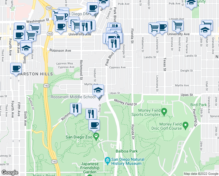 map of restaurants, bars, coffee shops, grocery stores, and more near 1717 Myrtle Avenue in San Diego