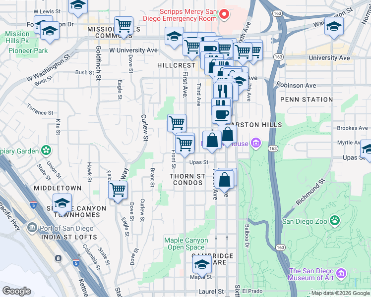 map of restaurants, bars, coffee shops, grocery stores, and more near 3531 1st Avenue in San Diego