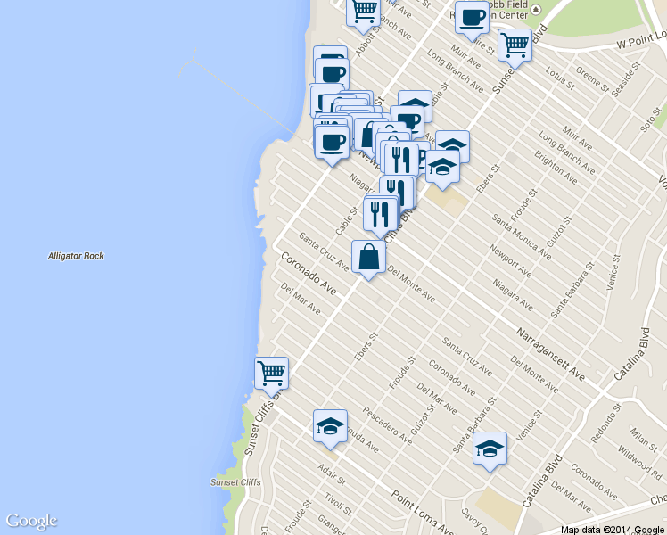 map of restaurants, bars, coffee shops, grocery stores, and more near 4877 Santa Cruz Avenue in San Diego