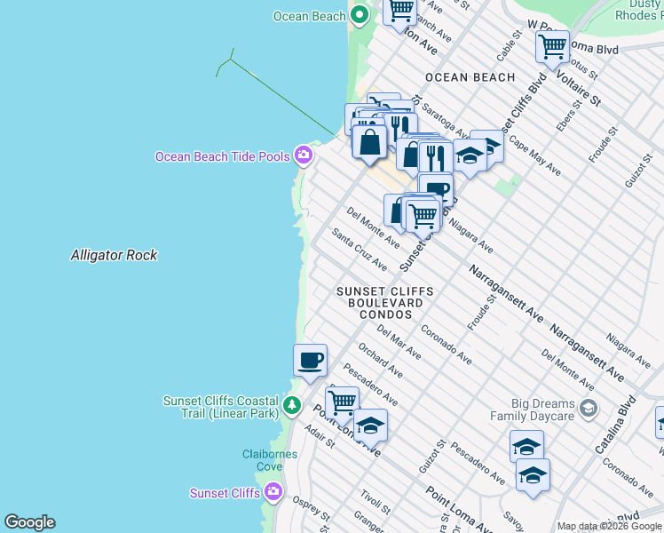 map of restaurants, bars, coffee shops, grocery stores, and more near 4934 Coronado Avenue in San Diego