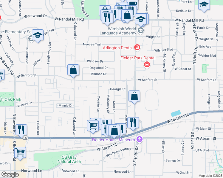 map of restaurants, bars, coffee shops, grocery stores, and more near 1815 Georgia Street in Arlington