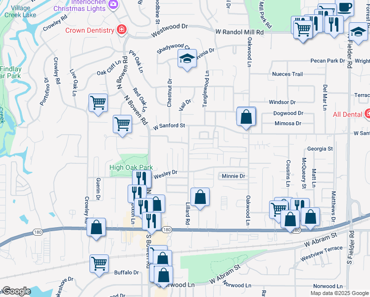 map of restaurants, bars, coffee shops, grocery stores, and more near 2300 Oak Manor in Arlington