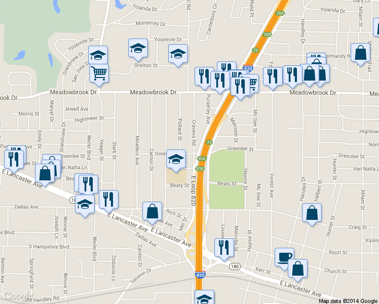 map of restaurants, bars, coffee shops, grocery stores, and more near 2617 Cravens Road in Fort Worth