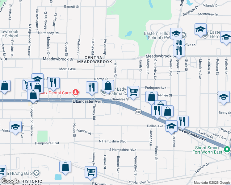 map of restaurants, bars, coffee shops, grocery stores, and more near 5200 Purington Avenue in Fort Worth