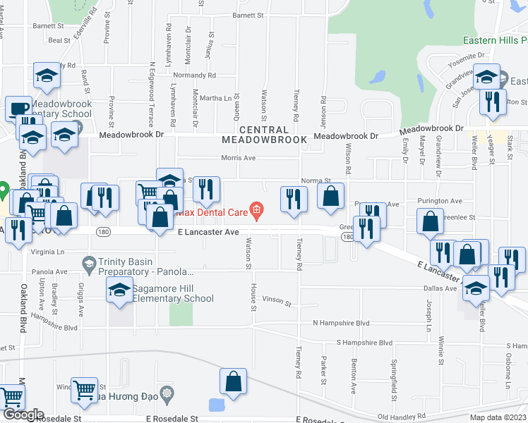 map of restaurants, bars, coffee shops, grocery stores, and more near 5015 East Lancaster Avenue in Fort Worth