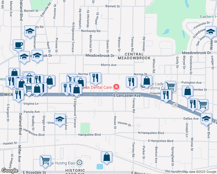 map of restaurants, bars, coffee shops, grocery stores, and more near 2605 Roseland Street in Fort Worth