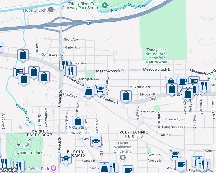 map of restaurants, bars, coffee shops, grocery stores, and more near 2937 Mount Vernon Avenue in Fort Worth