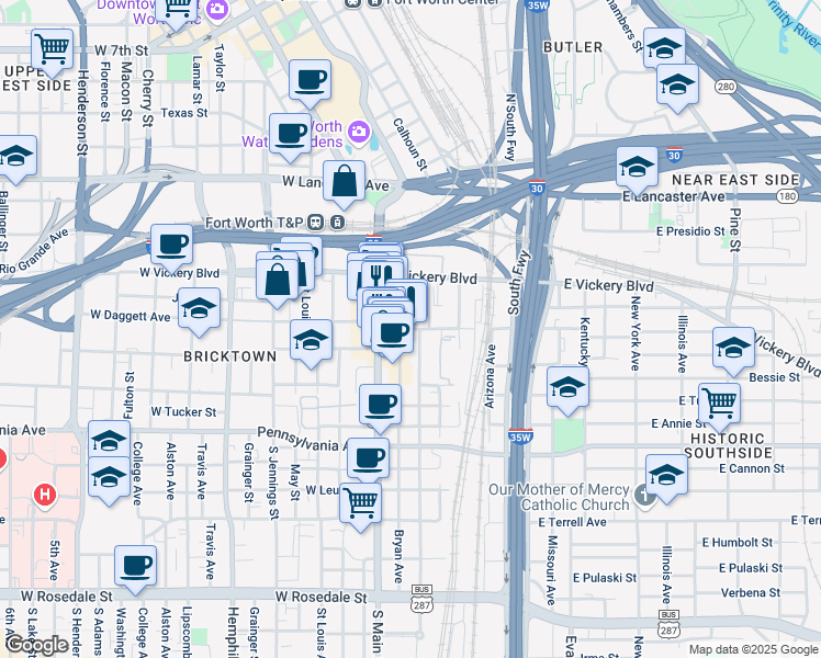 map of restaurants, bars, coffee shops, grocery stores, and more near 221 East Broadway Avenue in Fort Worth