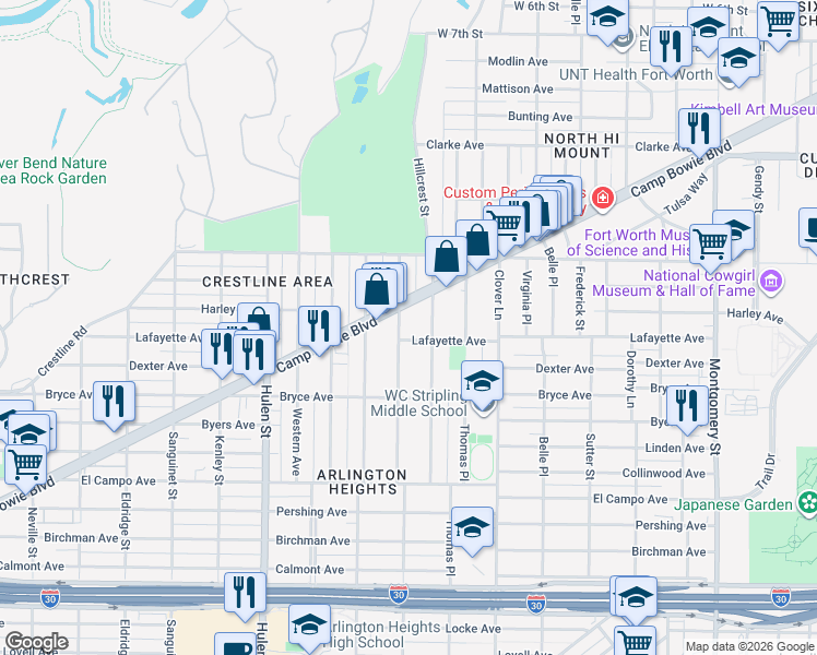 map of restaurants, bars, coffee shops, grocery stores, and more near 1828 Hillcrest Street in Fort Worth