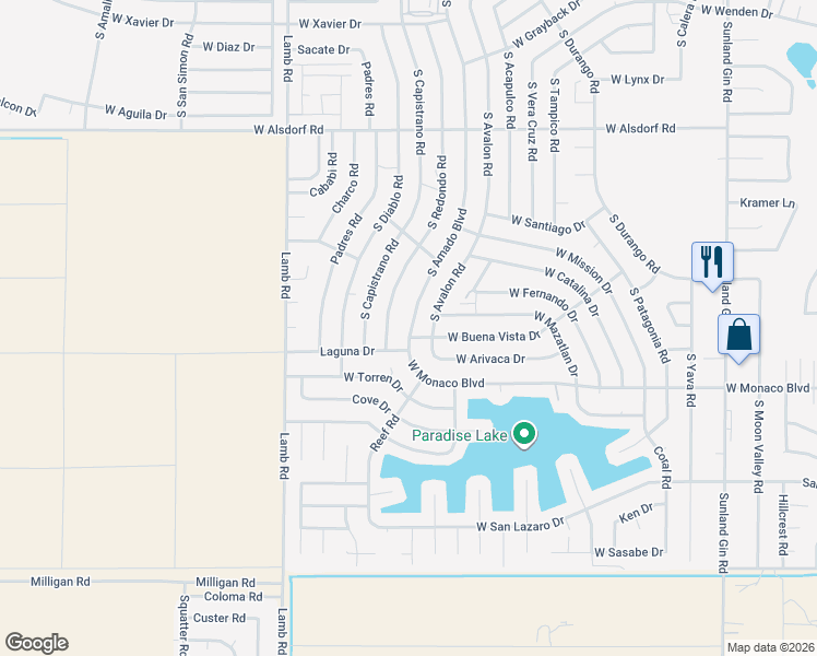map of restaurants, bars, coffee shops, grocery stores, and more near 15200 South Amado Boulevard in Arizona City