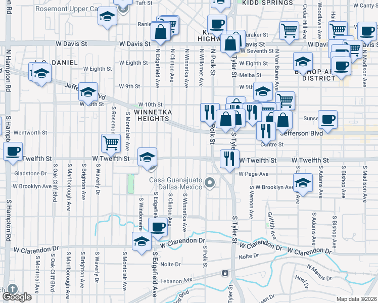 map of restaurants, bars, coffee shops, grocery stores, and more near 416 South Winnetka Avenue in Dallas