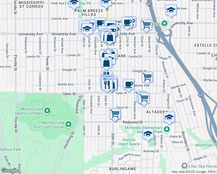 map of restaurants, bars, coffee shops, grocery stores, and more near 3000 Upas Street in San Diego