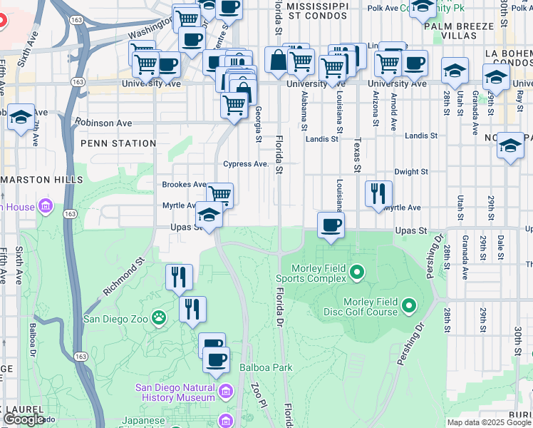 map of restaurants, bars, coffee shops, grocery stores, and more near 3440 Florida Street in San Diego