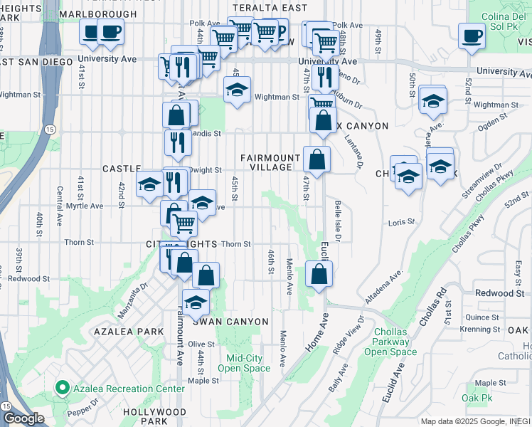 map of restaurants, bars, coffee shops, grocery stores, and more near in San Diego
