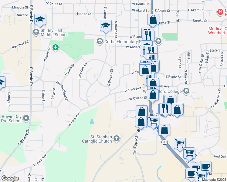 map of restaurants, bars, coffee shops, grocery stores, and more near 323 West Rentz Street in Weatherford