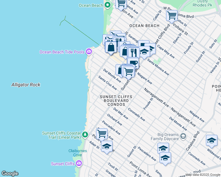 map of restaurants, bars, coffee shops, grocery stores, and more near 4877 Santa Cruz Avenue in San Diego