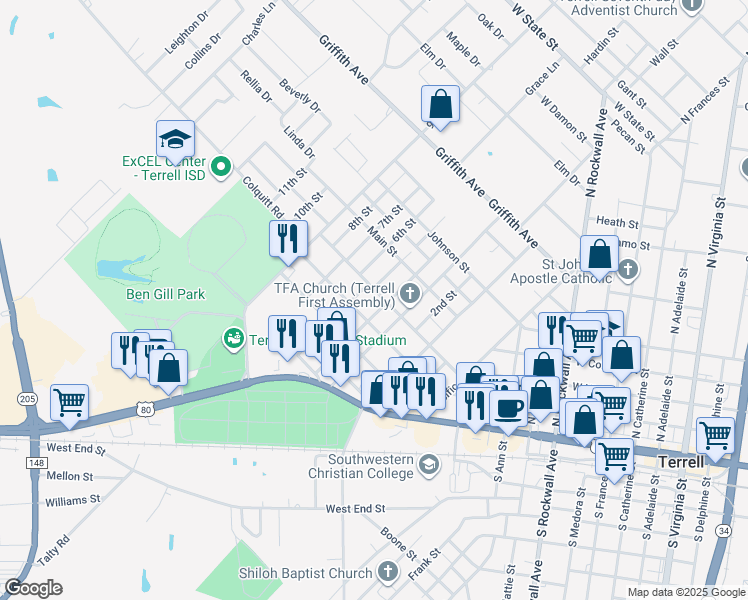 map of restaurants, bars, coffee shops, grocery stores, and more near 602 Lawrence Avenue in Terrell