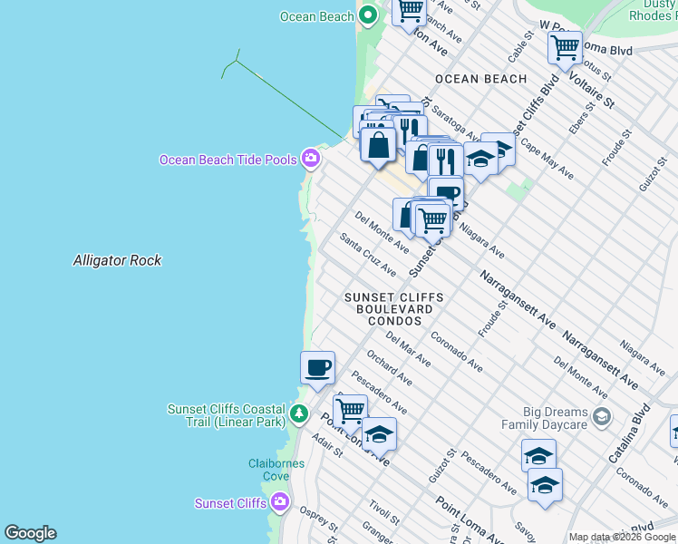map of restaurants, bars, coffee shops, grocery stores, and more near 4934 Coronado Avenue in San Diego