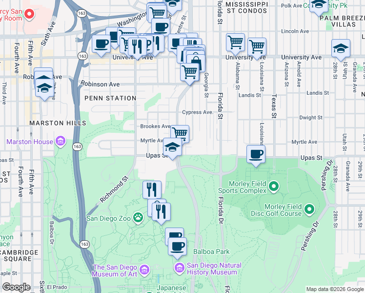 map of restaurants, bars, coffee shops, grocery stores, and more near 3431 Park Boulevard in San Diego