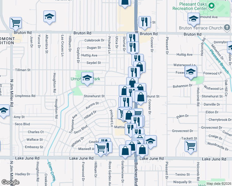map of restaurants, bars, coffee shops, grocery stores, and more near 7940 Umphress Road in Dallas