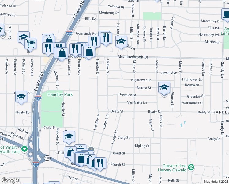 map of restaurants, bars, coffee shops, grocery stores, and more near 6801 Greenlee Street in Fort Worth