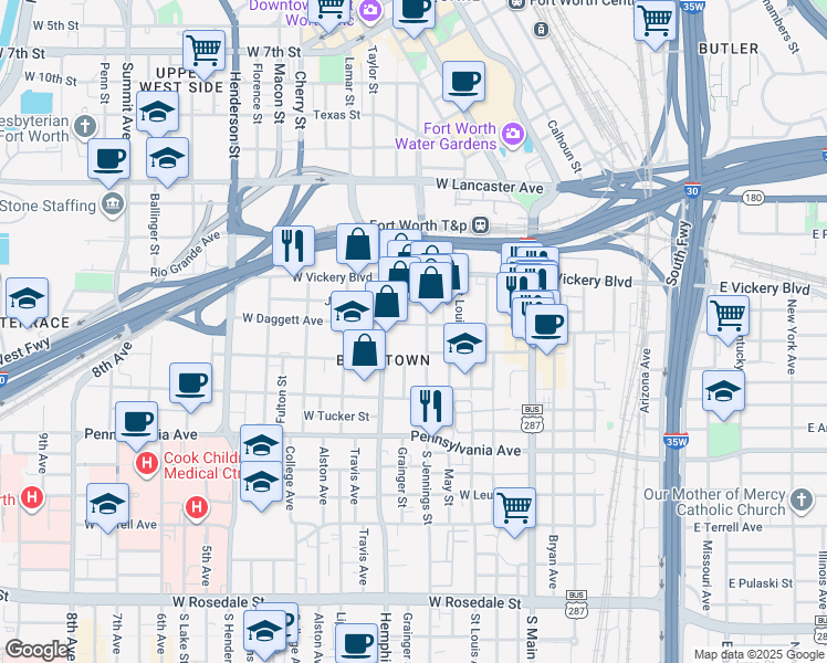 map of restaurants, bars, coffee shops, grocery stores, and more near 511 West Daggett Avenue in Fort Worth