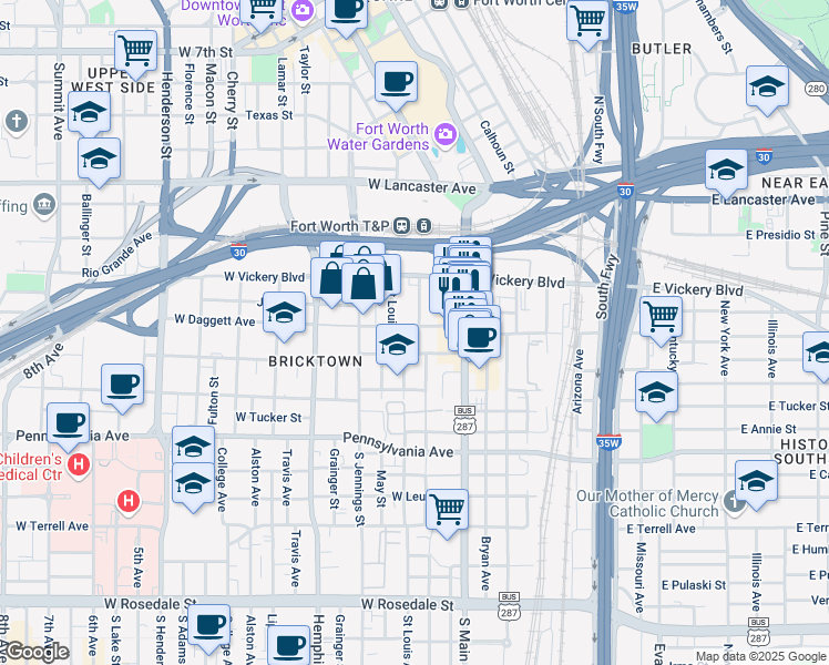 map of restaurants, bars, coffee shops, grocery stores, and more near 305 West Daggett Avenue in Fort Worth