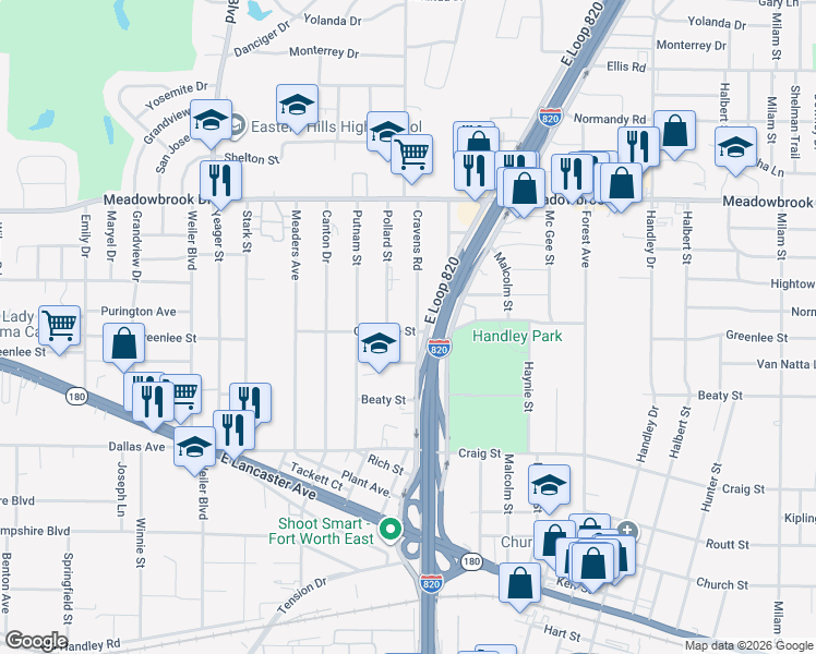 map of restaurants, bars, coffee shops, grocery stores, and more near 2617 Cravens Road in Fort Worth