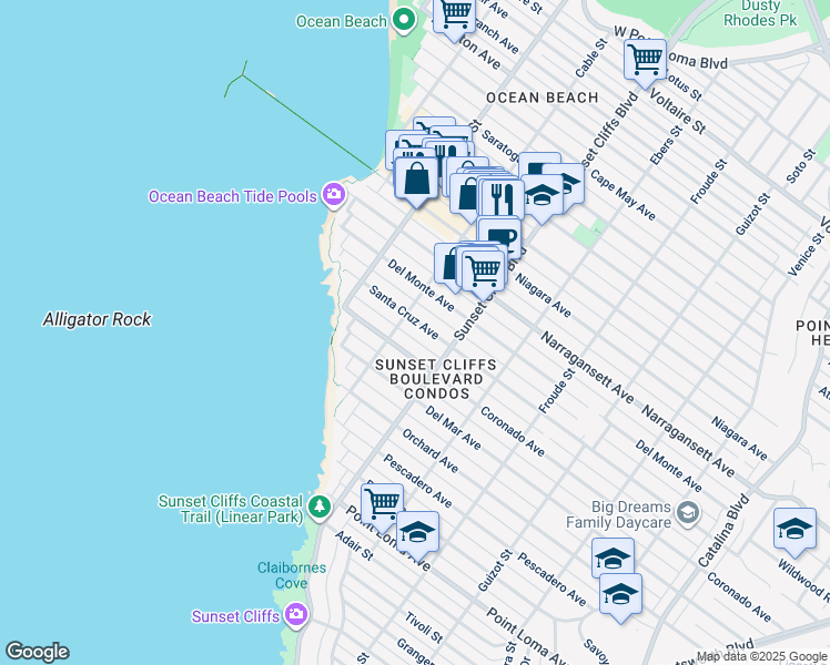 map of restaurants, bars, coffee shops, grocery stores, and more near 4867 Santa Cruz Avenue in San Diego