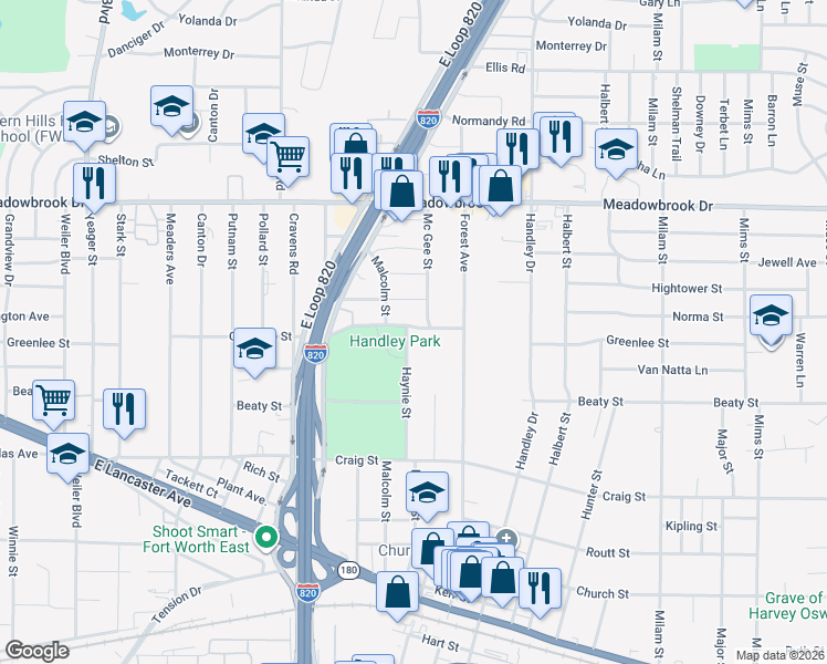 map of restaurants, bars, coffee shops, grocery stores, and more near 2601 Haynie Street in Fort Worth