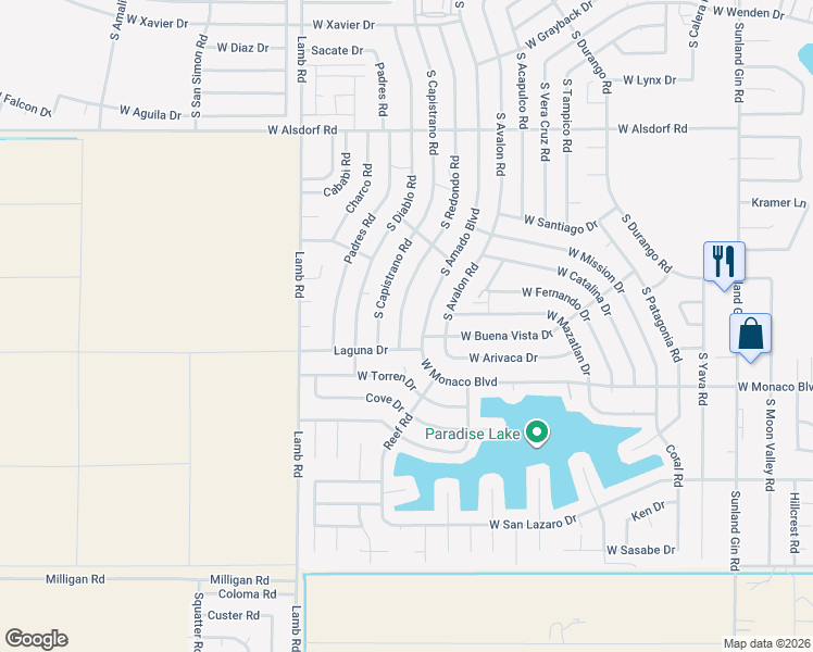 map of restaurants, bars, coffee shops, grocery stores, and more near 15200 South Amado Boulevard in Arizona City