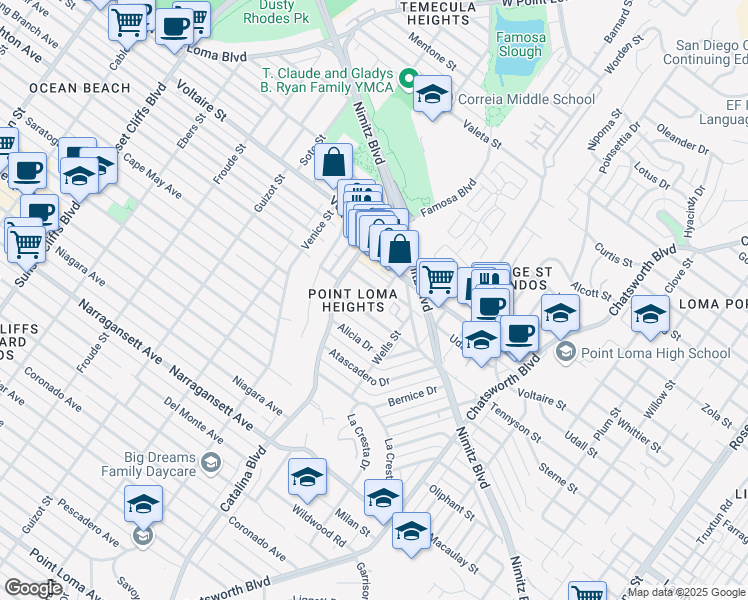 map of restaurants, bars, coffee shops, grocery stores, and more near 2126 San Clemente Street in San Diego