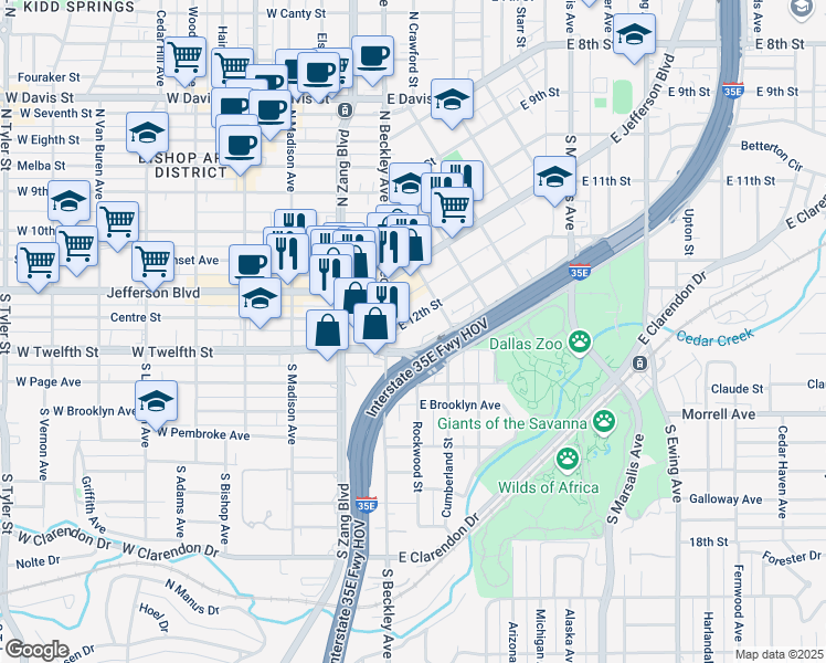 map of restaurants, bars, coffee shops, grocery stores, and more near 118 East 12th Street in Dallas