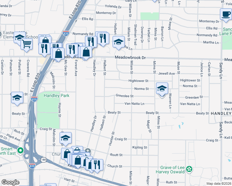map of restaurants, bars, coffee shops, grocery stores, and more near 6801 Greenlee St in Fort Worth