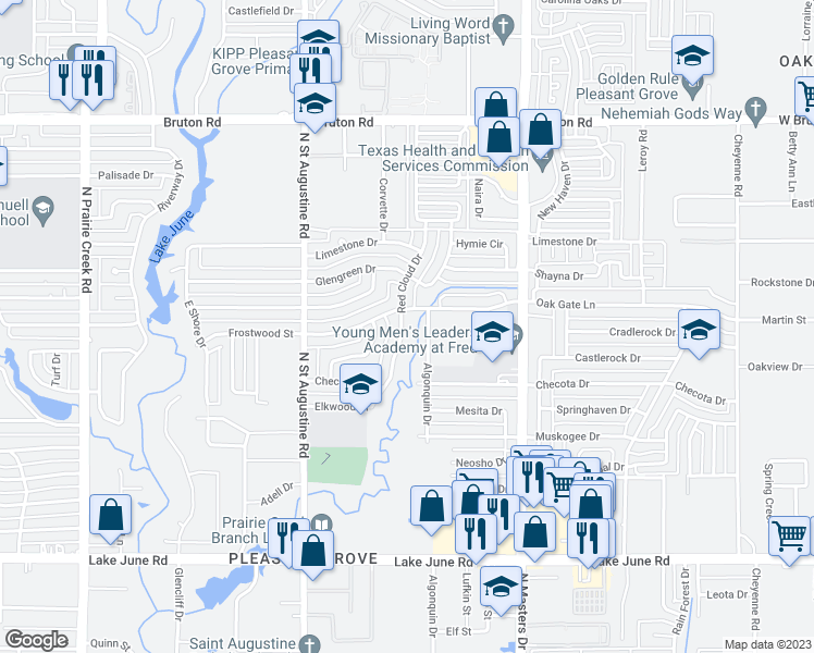 map of restaurants, bars, coffee shops, grocery stores, and more near 1720 Red Cloud Drive in Dallas