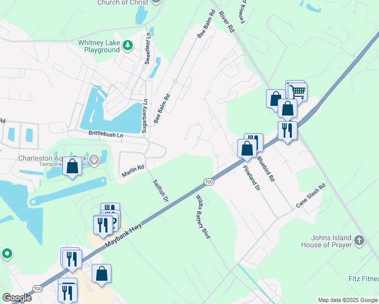 map of restaurants, bars, coffee shops, grocery stores, and more near 2900 Split Hickory Court in Johns Island